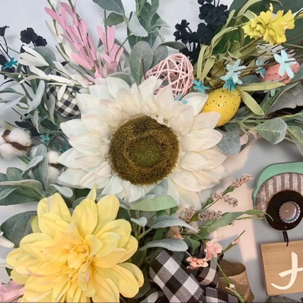 New Designer Floral Spring Easter Truck Farmhouse Plaid Burlap Wreath
